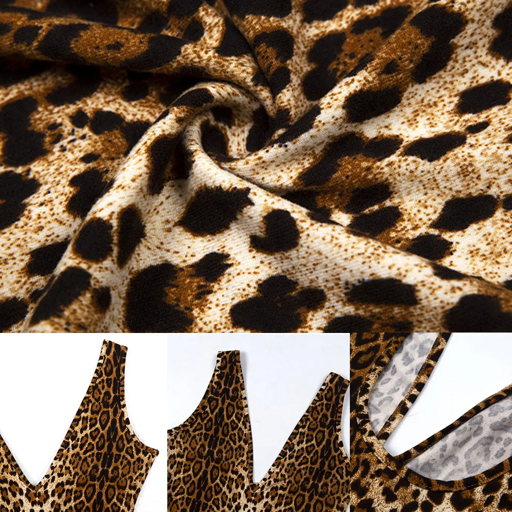 

Women Sleeveless Leopard Jumpsuit Casual Clubwear Wide Leg Pants Outfits Ladies Stretch Bodysuit Top Bodycon Playsuit