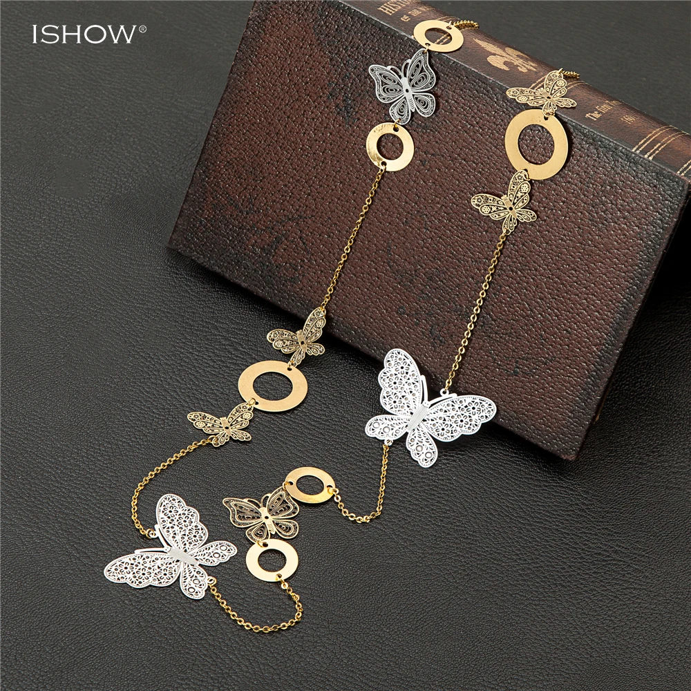 Модные Bijoux древних Золото Серебро цепи ожерелья бабочки выдалбливать Подвески