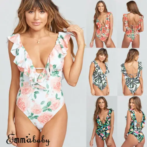 Женский слитный купальник с цветочным принтом и оборками монокини пуш ап