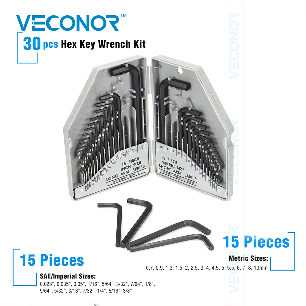 Veconor 30pcs hex key wrench set 15 pcs SAE imperial size & metric CrV steel|hex wrench|key wrenchhex sizes |