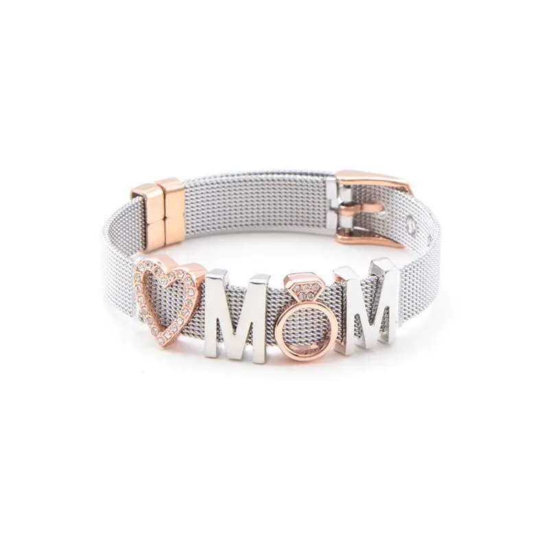 Vinnie Design Jewelry Mother's Day Gift New Arrival Stainless Steel Love MOM Mesh Charm Bracelet Set with 4pcs Slide Charms Bead |