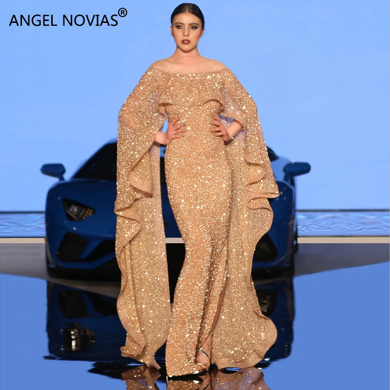 Женское вечернее платье ANGEL NOVIAS длинное блестящее с юбкой-годе в стиле Саудовской