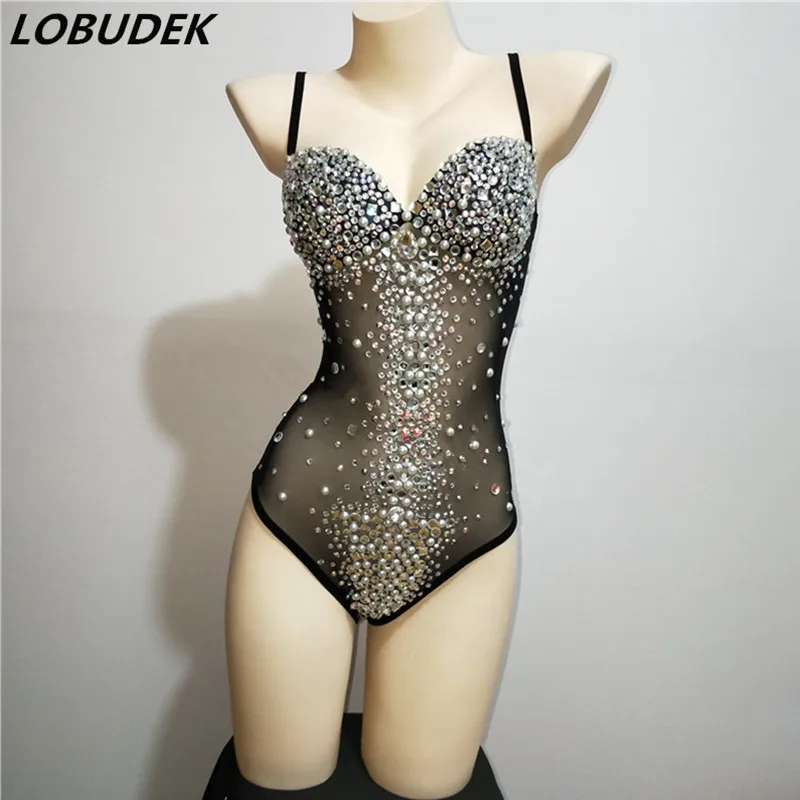 Nightclub Sparkly Rhinestones Black See-through Bodysuit Sexy Backless Skin Color Mesh Jumpsuit Lady Singer Adult Stage Costume
