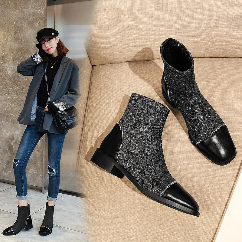 women Ankle boots Genuine Leather 22-25 cm feet length ankle boots for women cow patent leather+ Lycra fabric shoes woman