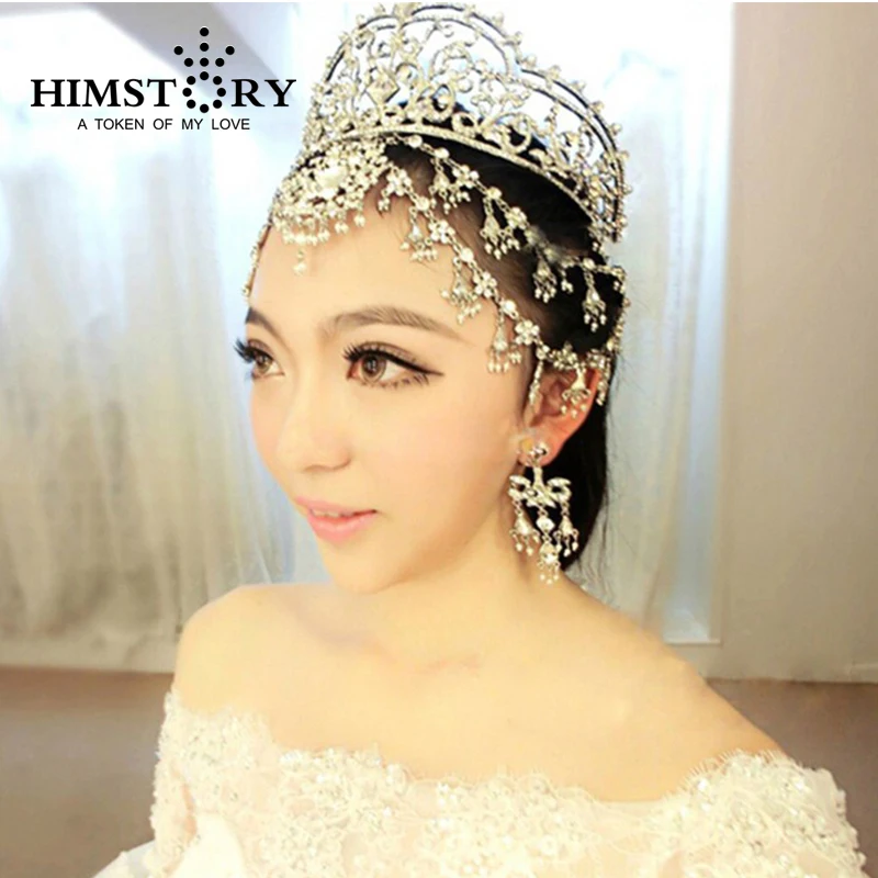 HIMSTORY роскошные свадебные Стразы тиара Корона кисточкой Свадебные аксессуары для