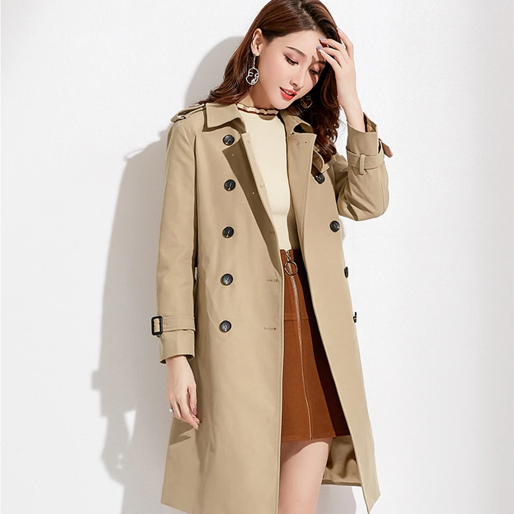 New brand women's clothes British temperament pure color long sleeve suit collar double-breasted windbreaker jacket | Женская одежда