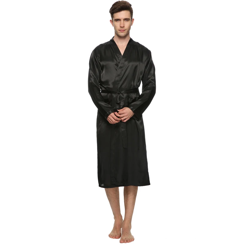 Solid Color Men Stain Robe Breathable V Neck Long Silk Bath Sleepwear Bridegroom Kimono Plus Size for Wedding Home Wear | Мужская одежда