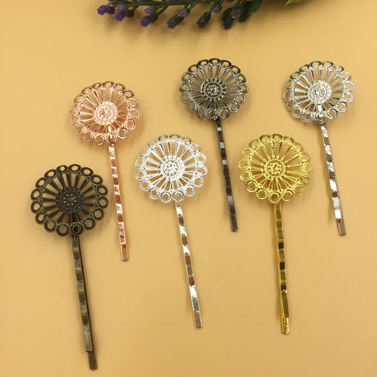 20mm Filigree Circle Flower Bobby Hairpins Bases Metal Blanks Findings Settings DIY Women's Bride Hair Clips Making Multi-color |