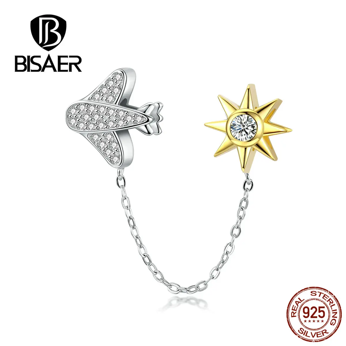 BISAER 925 пробы серебряные пробки Циркон самолет и Звезда бусины талисманы подходят для женщин Браслеты DIY ювелирные аксессуары ECC1243