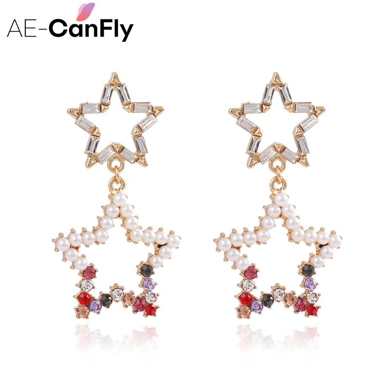 AE-CANFLY корейские милые модные серьги со звездой двухслойные полые Кристальные