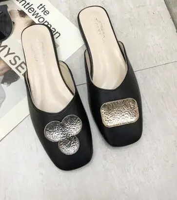 black style-5 Шлепанцы с закрытым носком; летние женские туфли без задника с бантом, пряжкой, металлическим украшением; шлепанцы без застежки на полой подошве; брендовые Вьетнамки; zapatos - Цвет: black style-5