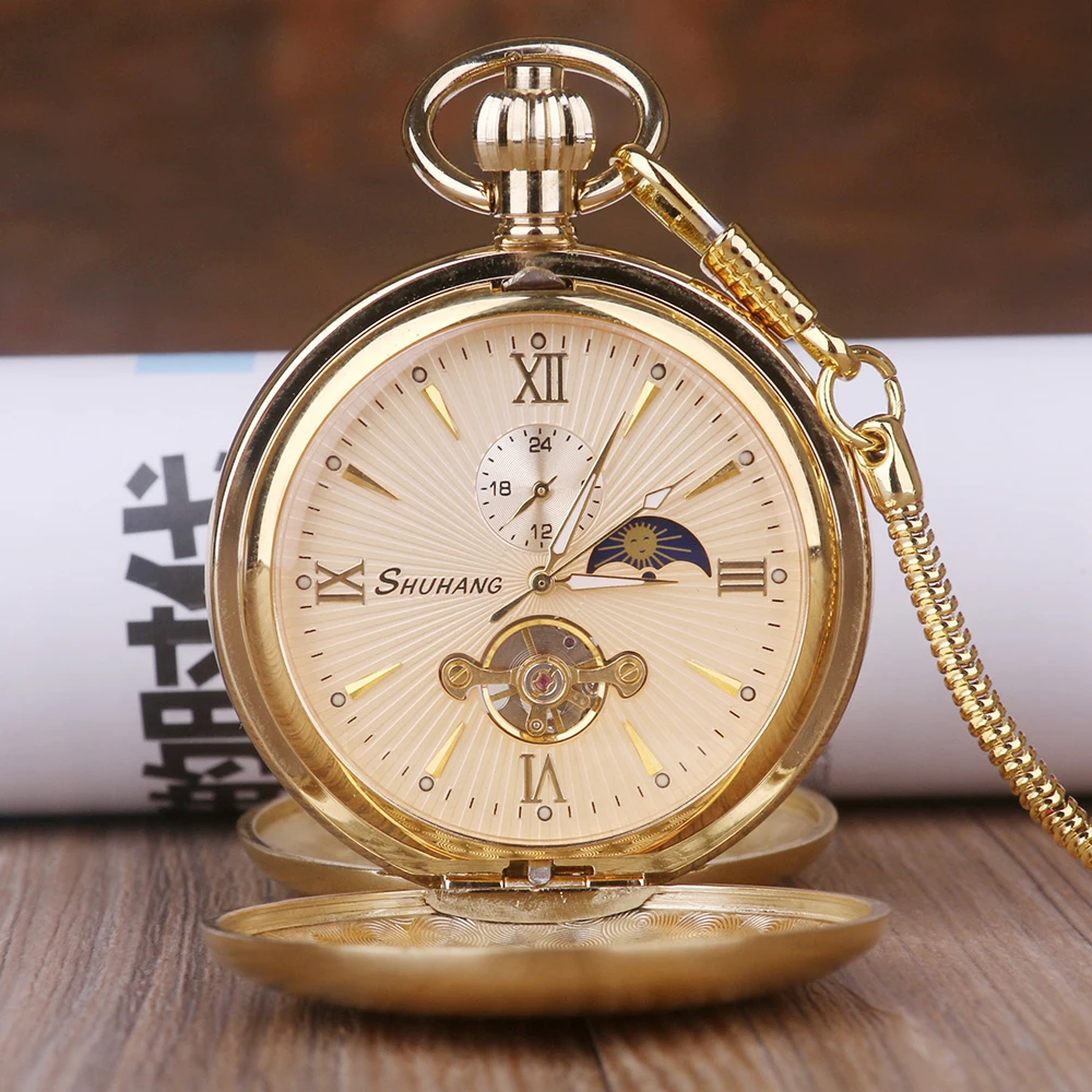 Gold Pocket Watch Fashion Mechanical Unisex Style Moon Phase Luxury Fob Pocket Watch With Chain