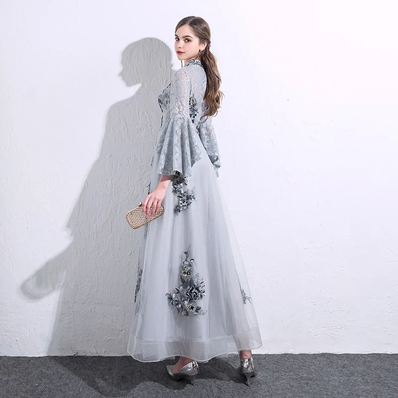Серое кружевное платье с аппликацией, Vestidos Elegantes, Платья для особых случаев, вечерние платья, длинное вечернее платье, торжественное платье ES2484