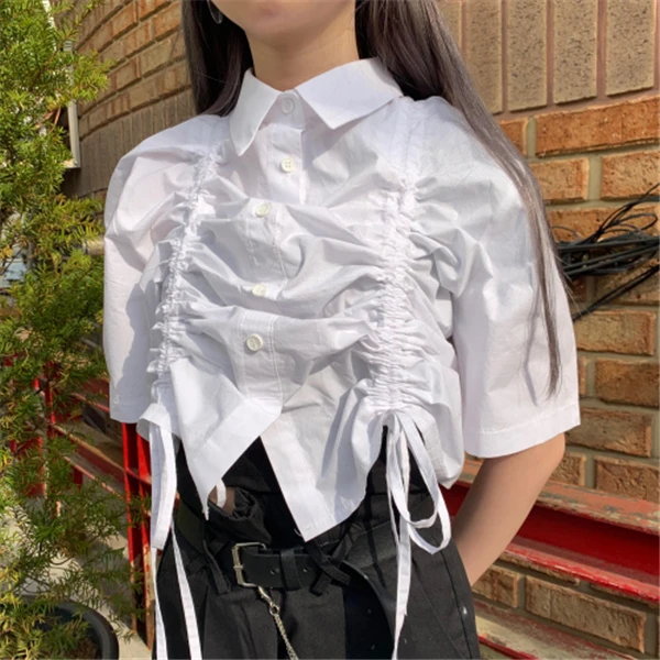 Белый RUGOD корейские шикарные женские рубашки с завязками Harajuku модная короткая блузка с отложным воротником Женская летняя одежда Необычные Топы - Цвет: Белый