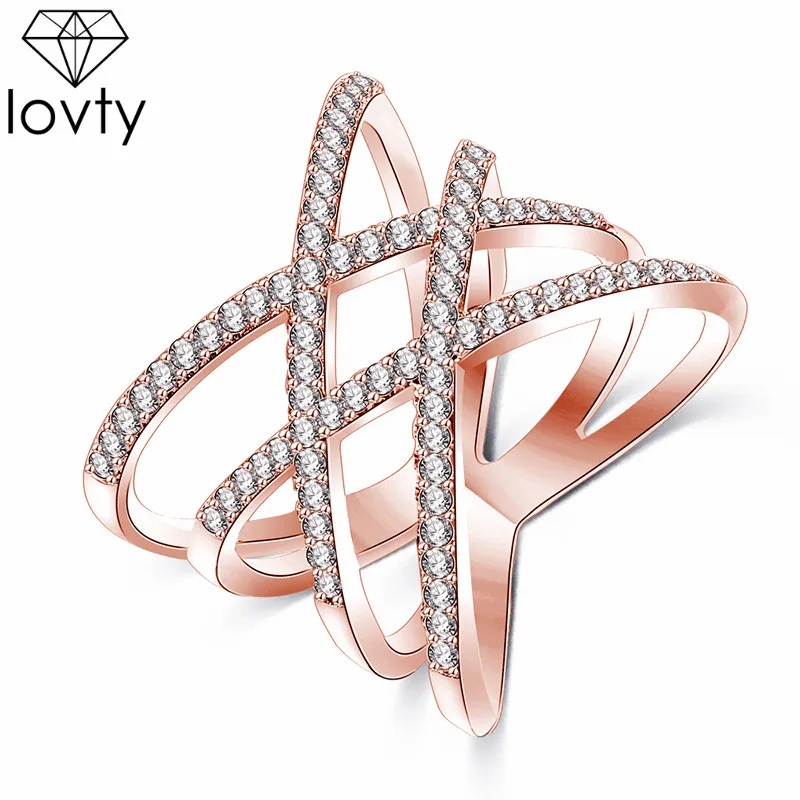 rose gold Lovty новые модные кольца двойной крест X Форма кольцо из розового золота/серебряный цвет циркония кольцо ювелирные изделия для женщин подарок на день Святого Валентина - Цвет основного камня: rose gold