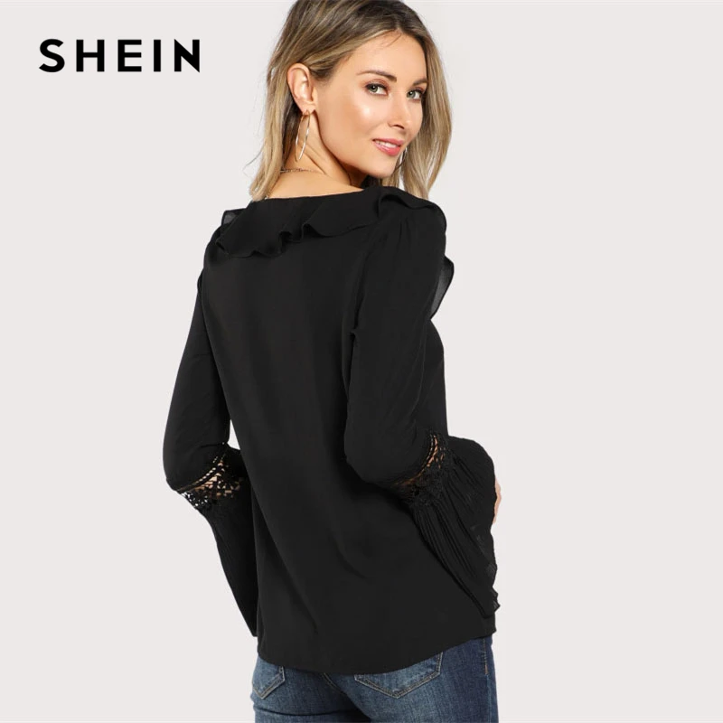 SHEIN Модный Топ С Оборкой И Кружевной Вставкой Кружевной Повседневный Топ С Рюшами С V-образным Вырезом Женская Блузка Элегантные Осенние Блузки