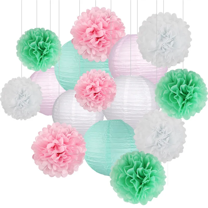 Mint green Pink Zilue 15 шт./компл. Цветочные шары из бумаги Poms бумажные сотовые шары Бумажные Фонари День рождения Свадьба День рождения украшение дома - Цвет: Mint green Pink