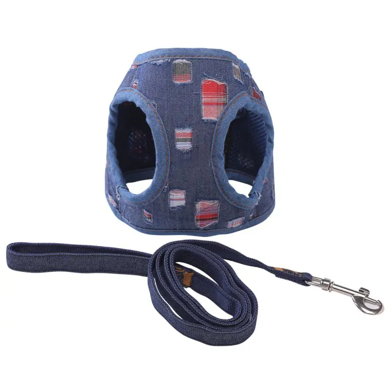 High Quality Soft Dog Harness Vest Leash Set Adjustable Denim Chest Strap Dog Puppy Walking Lead Cat Safe Leash British Style