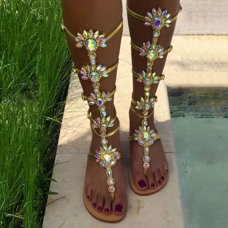 

Sestito Ladies Summer Flat Bohemia Style Sandals Boots Female Clip Toe Knee High Boots Woman Bling Bling Crystal Casual Sandals