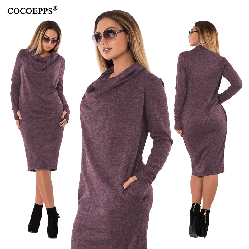 COCOEPPS Long sleeve Autumn High Neck Women Large Size Dress Thicken 5XL 6XL Plus Size Dress Mid-Calf Female Clothes vestidos