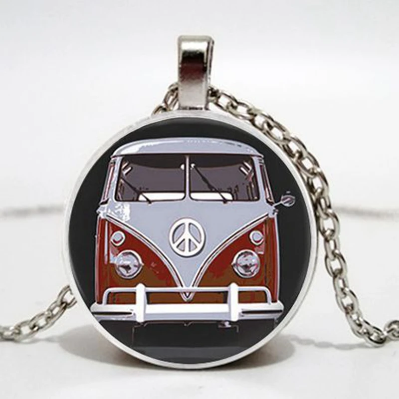 Fashion Retro Hippie Peace Sign Fan Bus Camper Necklace Charm Men and Women Decorative Glass Pendant Gift Toy Souvenir |