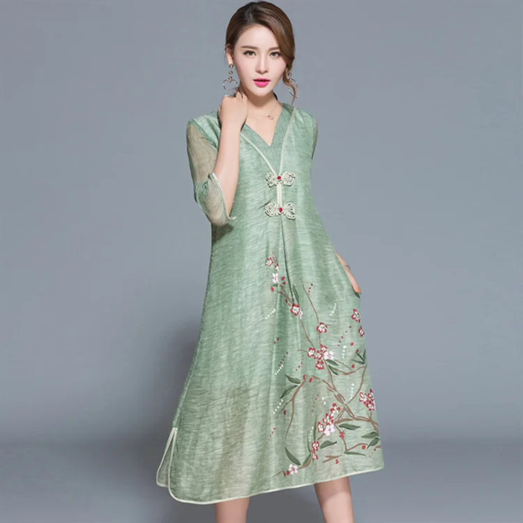 High Quality Silk Linen Dress Side Split Pocket Vestidos Plus Size Ethnic V Neck Button Floral Print Women Dresses | Женская одежда
