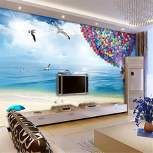 beibehang Custom Wallpaper 3d Write Stereo Mural 3d papel de parede Blue Sky White Cloud Balloon Sea Beach Fresco 3d wallpaper
