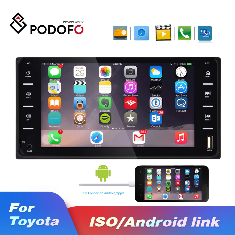 Podofo 2 Din автомагнитола автомобильный мультимедийный плеер 7 ''Авторадио Android Зеркало Ссылка для Toyota Corolla Bluetooth аудио Радио стерео