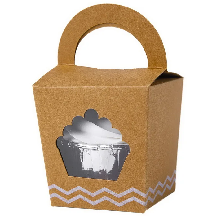 Один мини коробочки для кексов с ручкой и ПВХ окно крафт бумаги индивидуальные