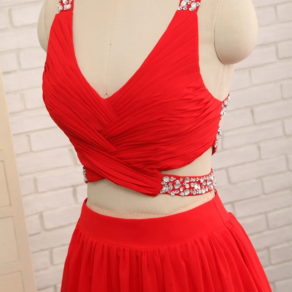 

Open Back Prom Dresses A-line V-neck Floor Length Chiffon Bead Two Pieces Prom Gown Evening Dresses Evening Gown
