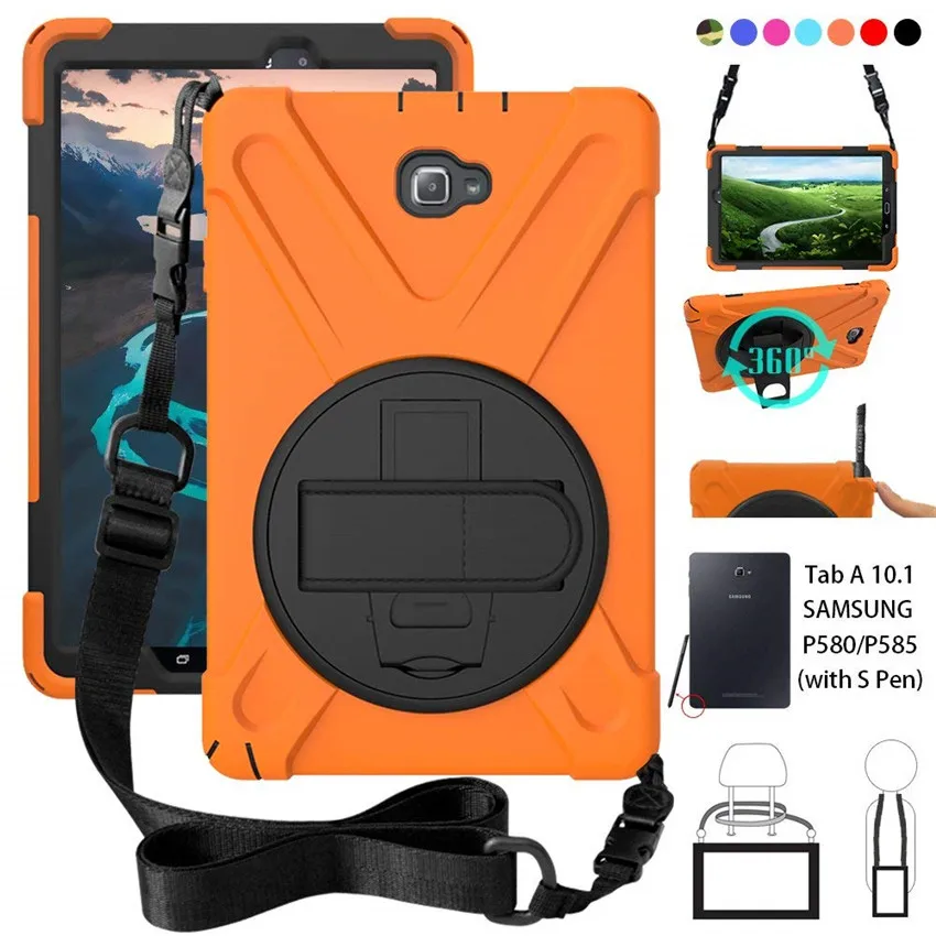 Для samsung Galaxy Tab A 6 A6 10,1 P580 P585 S-Pen vers прочный ПК+ Силиконовый жесткий чехол с поворотной подставкой 360, ремешком на руку и шейным ремешком