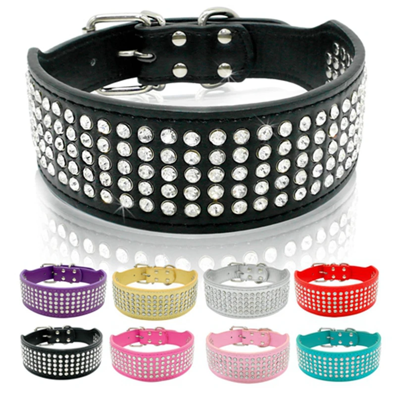 Rhinestone PU Leather Dog Collars 5 Row Diamante Bling for Large Dogs 5cm wide