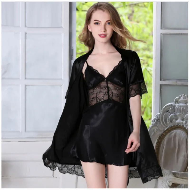 

Lady Summer Pajamas 2pc Women Sexy Backless Bathrobe Female Home Furnishing Wear Short Sleeved Robe Girls Nightgown B-5822