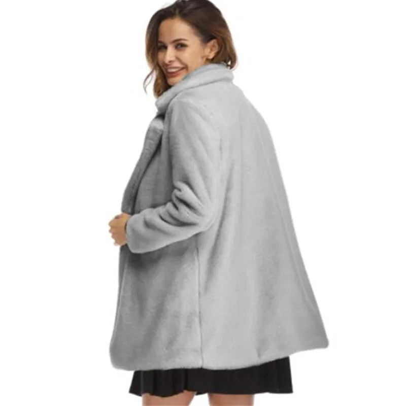 light grey Пальто из искусственного меха, женская теплая куртка средней длины с длинным рукавом, однотонная куртка, большие размеры, зимнее пальто с мехом, кардиган с кроличьим мехом, верхняя одежда, as911 - Цвет: light grey
