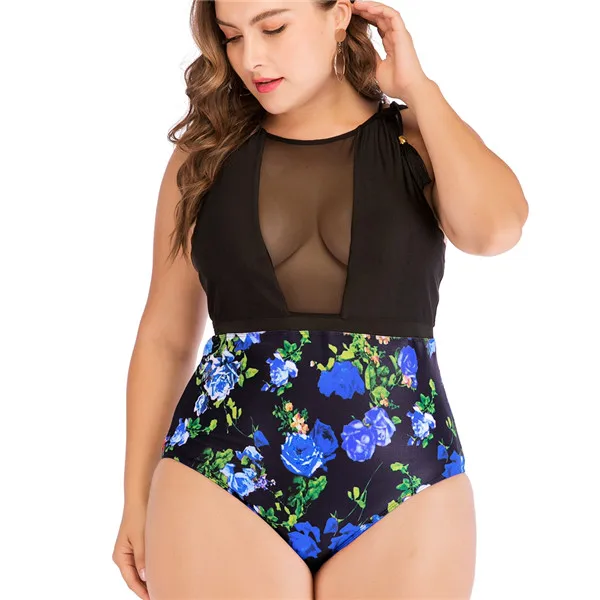 Одна деталь плюс размеры 4XL Push Up с цветочным принтом купальники для малышек большая чашка купальники спинки танкини женские одежда заплыва - Цвет: BLUE ROSE