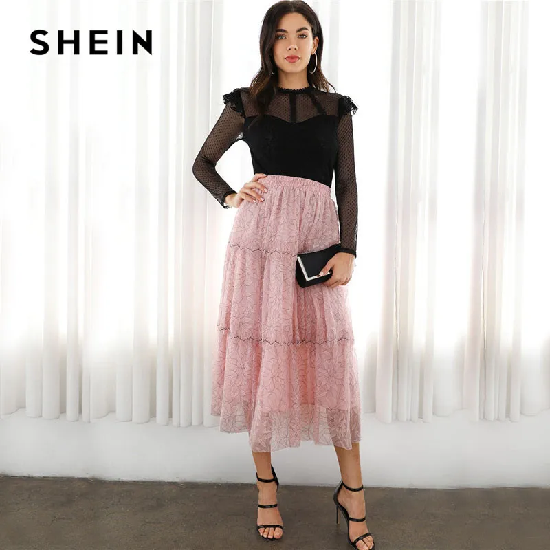 SHEIN Топ С Длинными Рукавами И Прозрачной Вставкой, Элегантный Топ С Кружевными Вставками