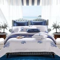 blue embroidery white duvet cover set premium egyptian cotton silky soft bedding set deep pocket fitted sheet superusking queen