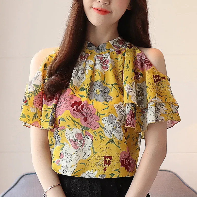 2018 Летние Цветочные Блузки Фемининас Открытые Плечи Рубашки Женские Топы Блузки Мюхер Моды Бабочки Рукав Шифоновая Блузка F0065 on.