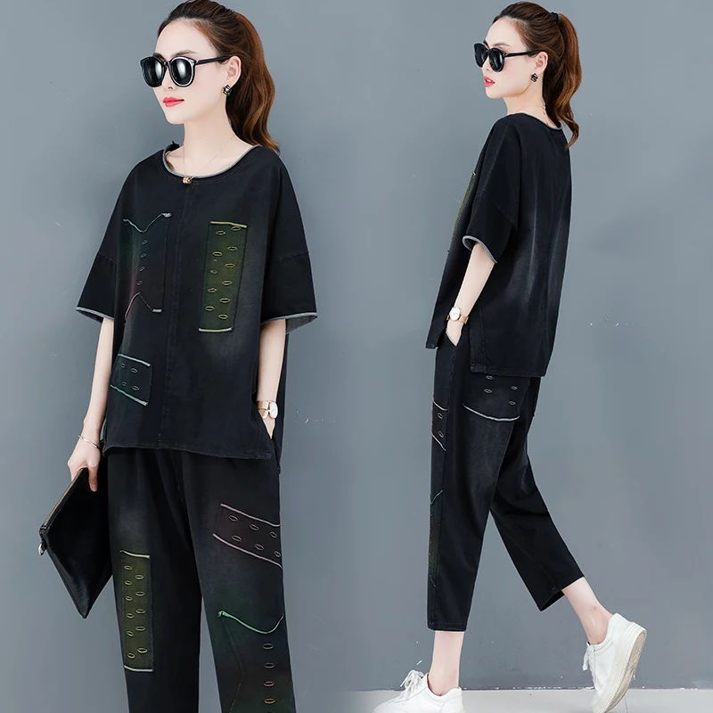 Джинсовый комплект из 2 предметов широкие брюки костюмы и топ большие размеры