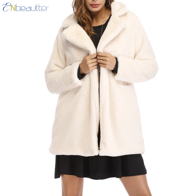 ENbeautter 2018 New Winter Coat Women Loose Long Sleeve Lapel Faux Fur Fashion Street Wear Warm Fluffy Clothing | Женская одежда