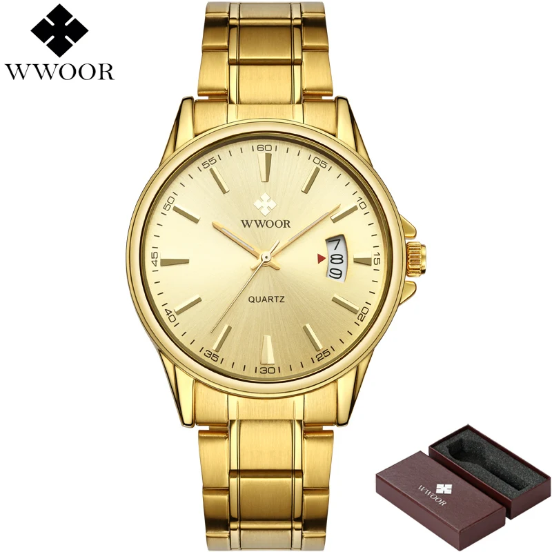 Gold Бренд WWOOR, мужские водонепроницаемые золотые часы, роскошные часы из нержавеющей стали с датой, деловые часы, мужские спортивные наручные часы, relogio masculino - Цвет: Gold