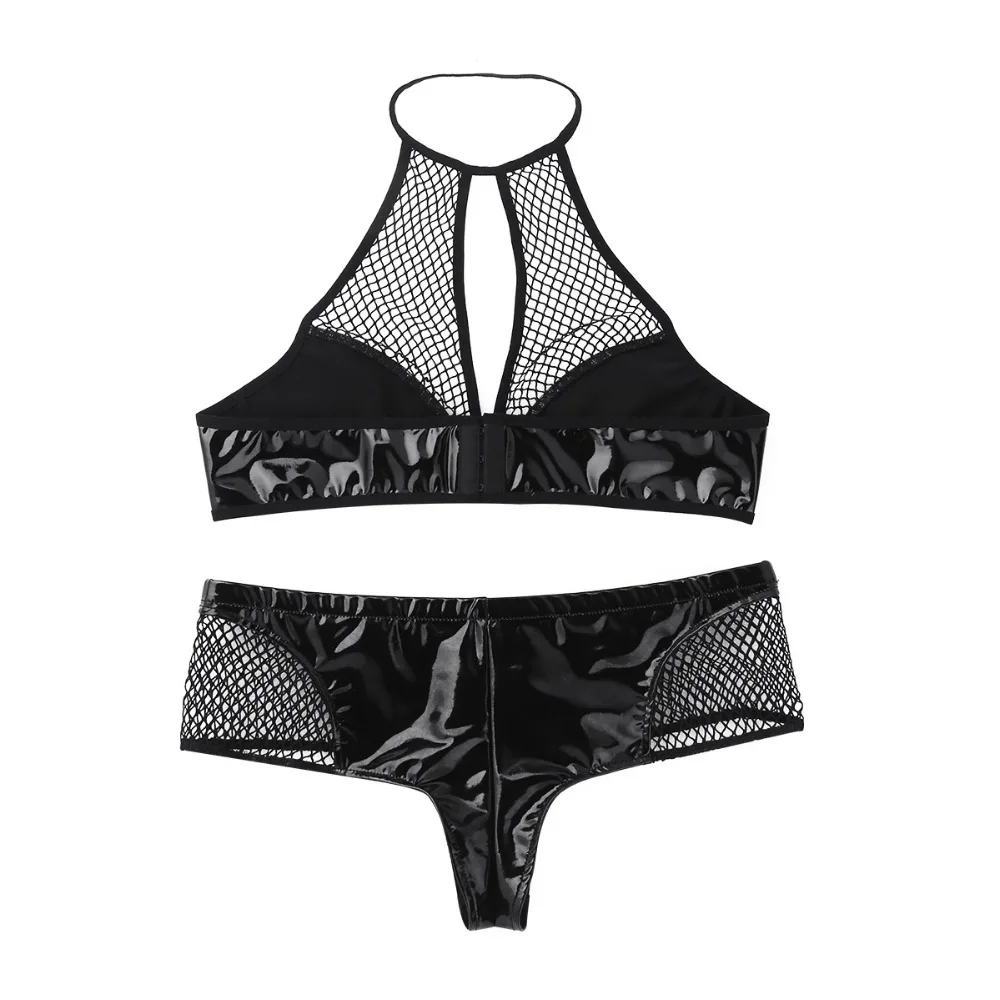 Sexy Women Wetlook Costume Lingerie Set Hollow Out Patchwork Fishnet Open Crotch Bra Top &amp Mini Bikini Briefs Underwear Swimsuit |