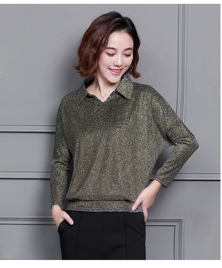 Blusas Mujer De Moda, корейский стиль, блестящий люрекс, Женские топы и блузки размера плюс, длинный рукав, блуза с блестками, уличная одежда, рубашки