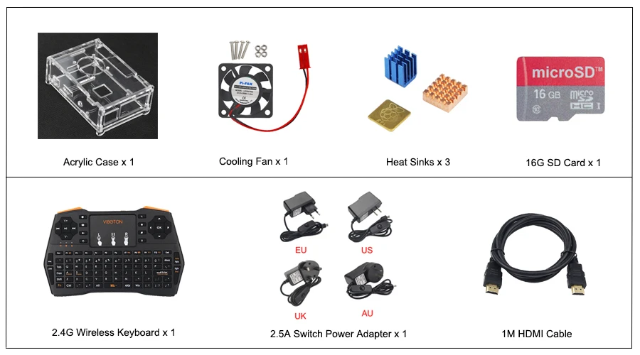Raspberry Pi 3 Model B+ набор аксессуаров акриловый чехол+ sd-карта 16G+ адаптер питания+ вентилятор+ радиатор для Raspberry Pi 3 Model B