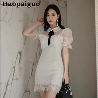 plus size korean style mini dress with bow short sleeve corset bodycon wrap dress women white robe longue femme vestido festa
