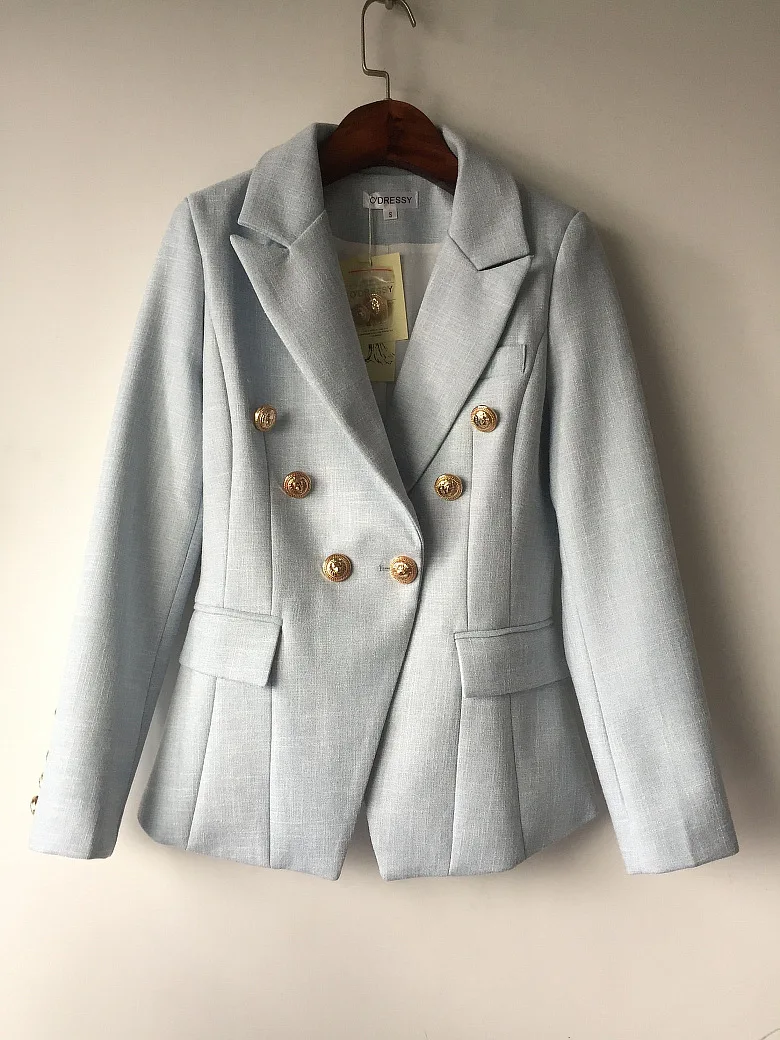 

High Quality Light Blue Color Ladies Fashion Double Button Fashion Celebrity Coat