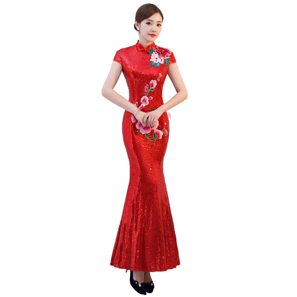 

Shanghai Story Long Embroidery Cheongsam Dresses Red Mermaid Qipao For Women Traditional Dress Chinese Style Dress