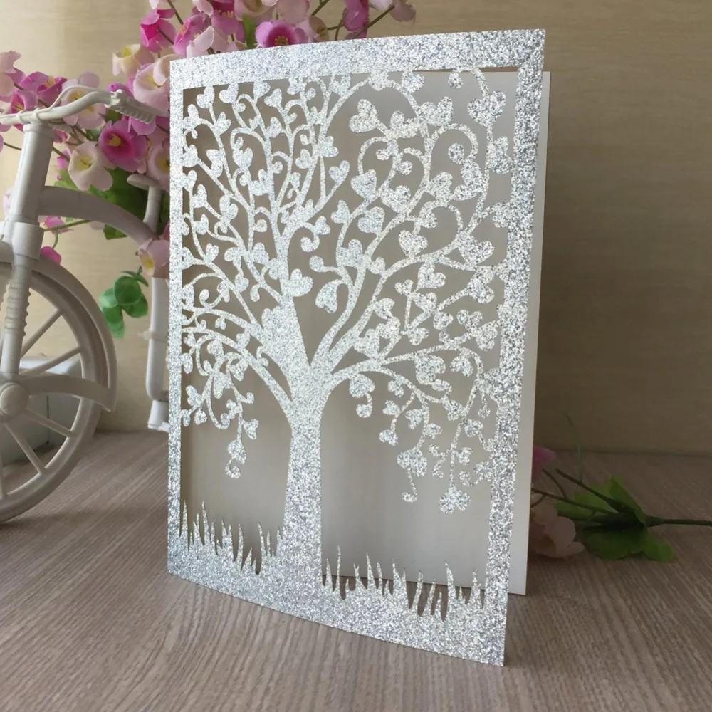 20pcs Laser Cut Chic Tree Invitation Silver Gold Glitter Card craft laser cut folded wedding party birthday invitation card | Дом и сад
