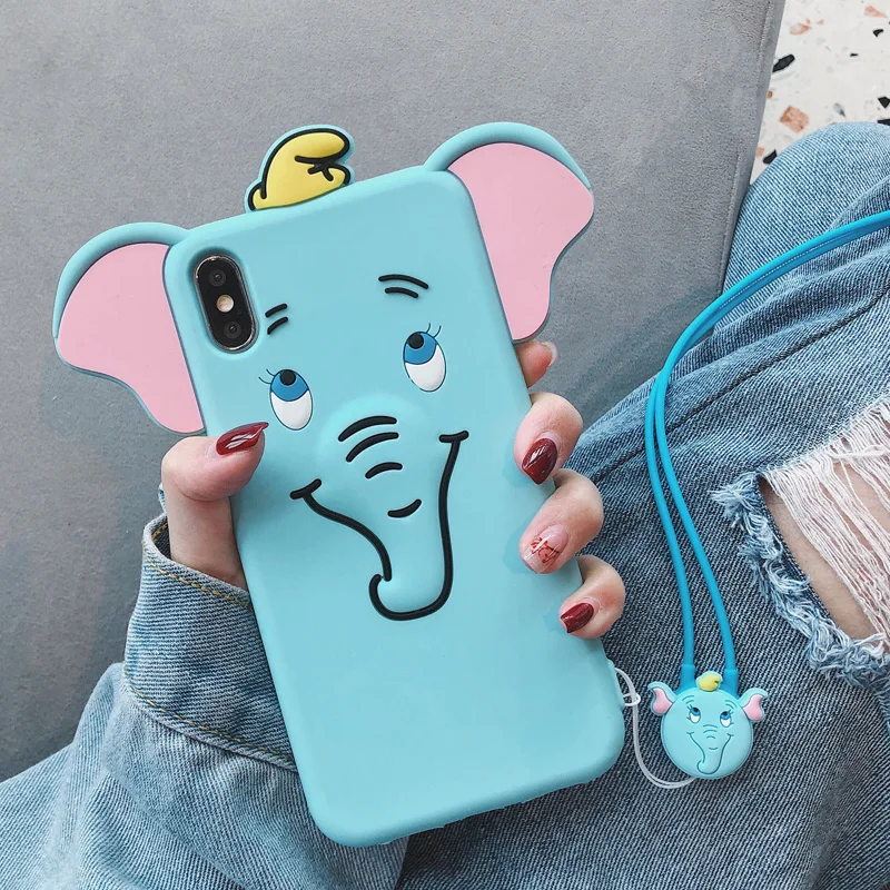 3D Cute DUMBO case For iphone XS max XR X Soft cover 8plus 7plus 7 8 6s 6plus elephant fundas +strap |