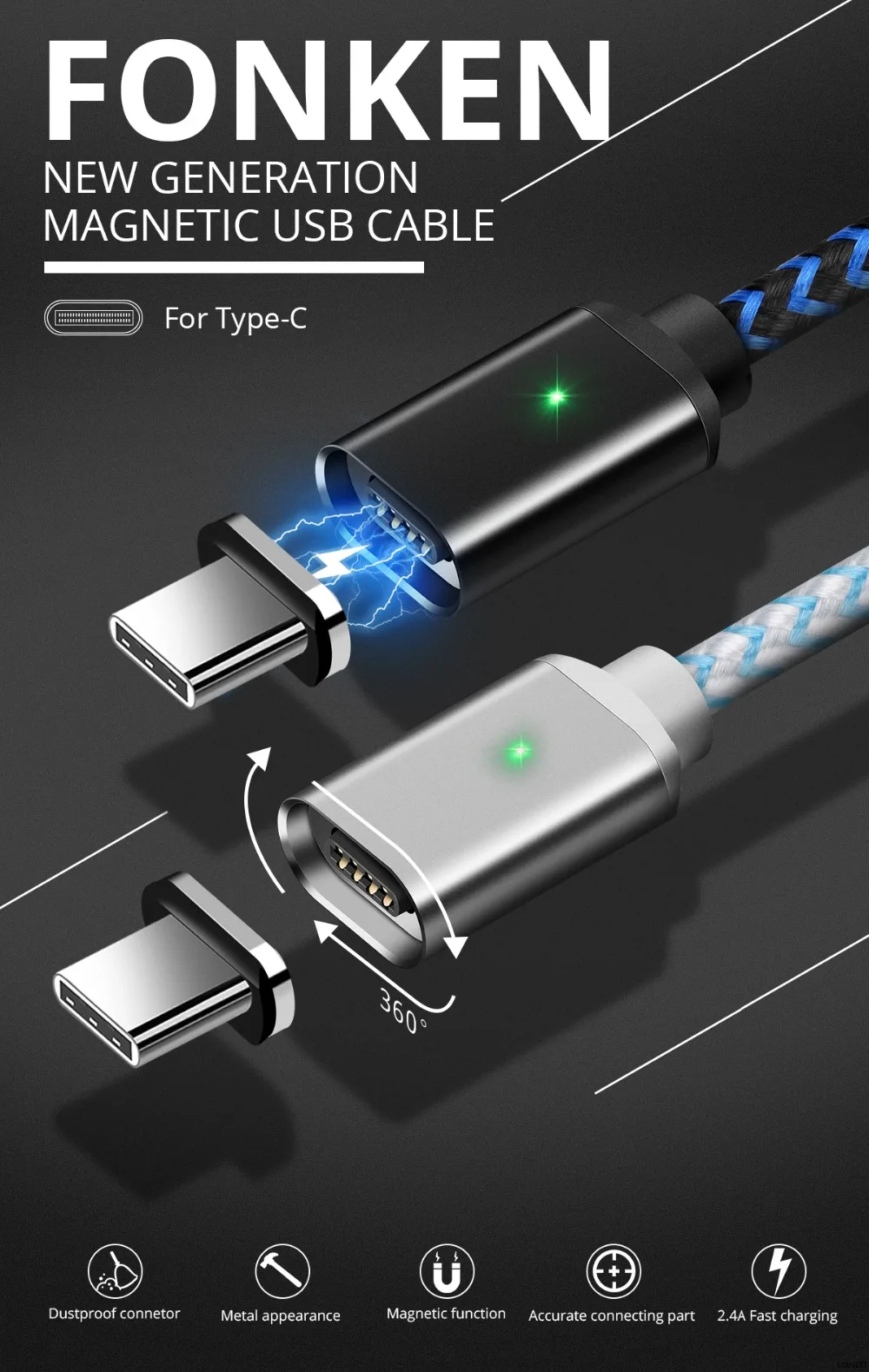 FONKEN usb type C Магнитный кабель для зарядки мобильного телефона USB-C Магнитный шнур USB зарядное устройство 3A кабель для быстрой зарядки 1 м 2 м провода для передачи данных